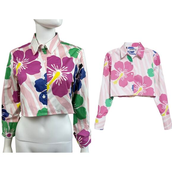 SAMMY B Tati Pink Floral Print Crop Cotton Button-Up Shirt - Picture 1 of 12